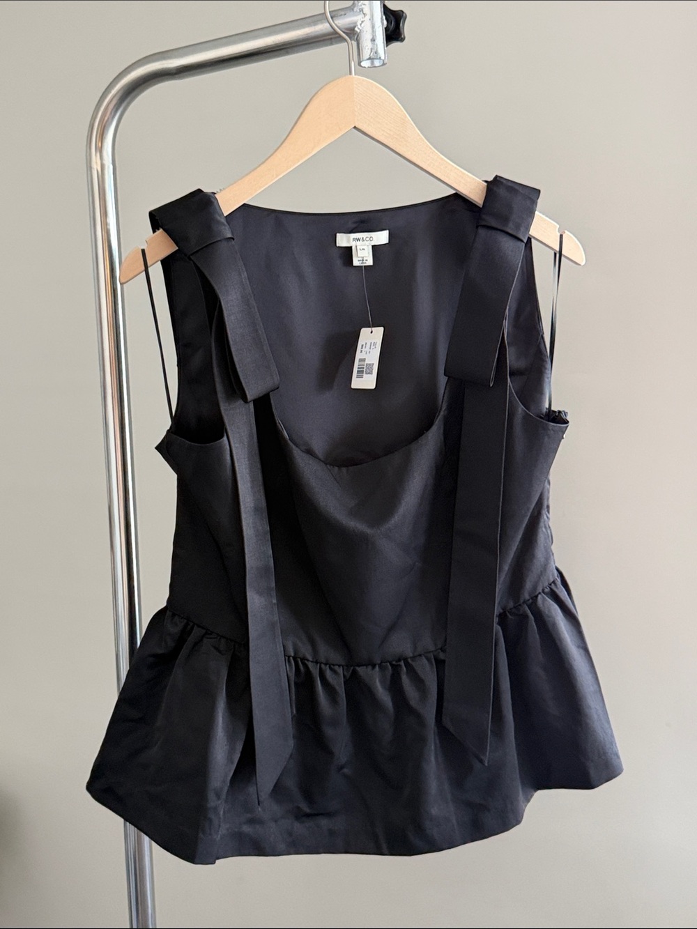 RW&CO. Black Satin Bow ribbon-Shoulder Peplum Camisole